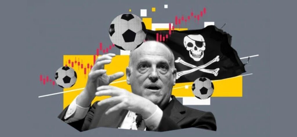 Javier Tebas envoltat de pictogrames que simbolitzen la pirateria i el futbol